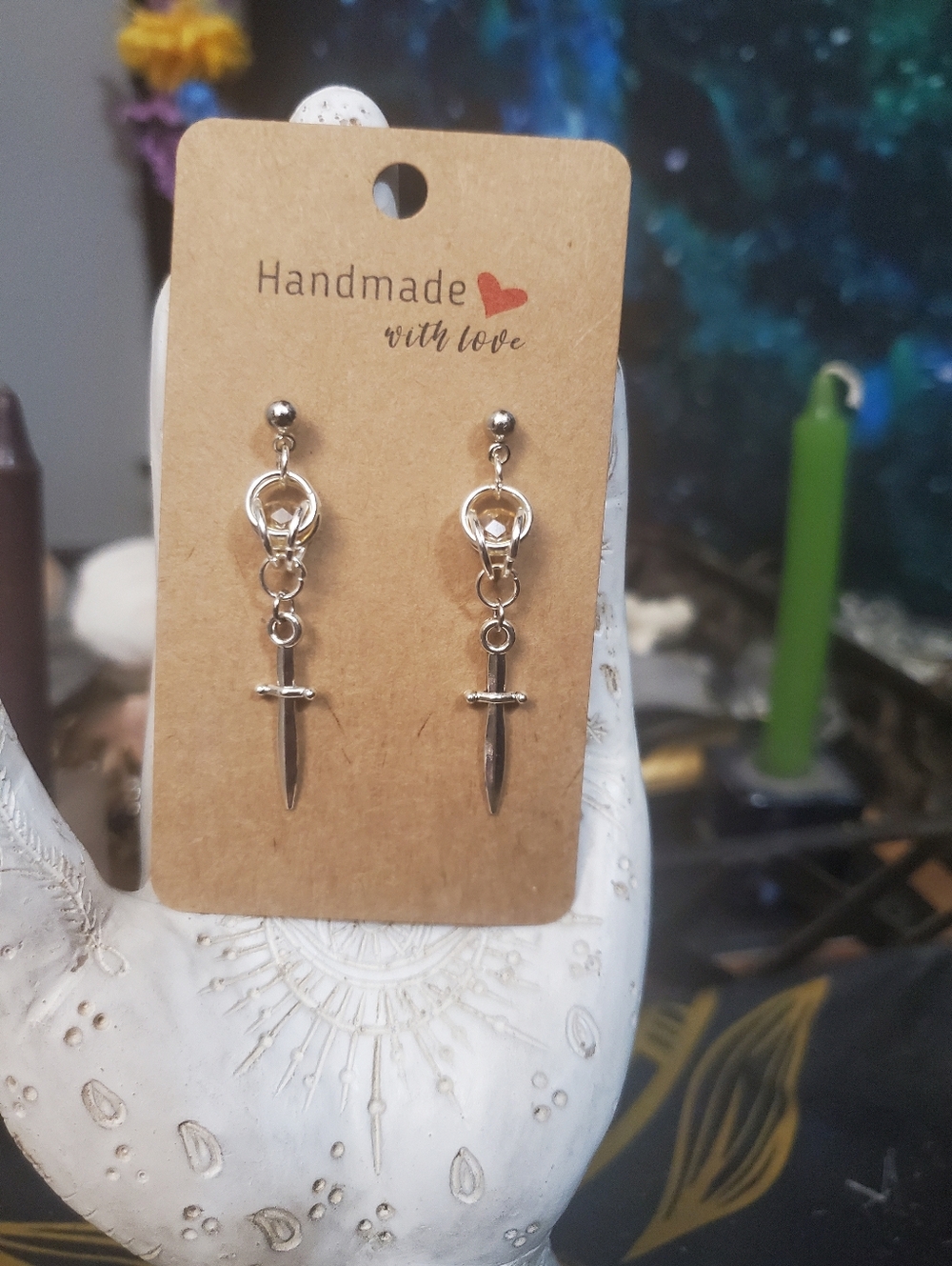 Handmade Silver and Yellow Chainmail Weave Dagger Hypoallergenic Earrings